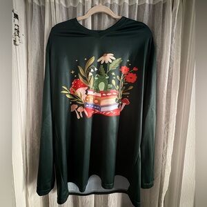 Dark Green Graphic Casual Long Sleeve Shirt - Frog and Books. Women's size 2XL.